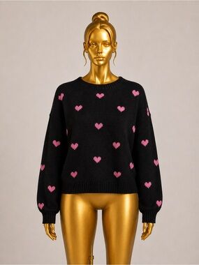 SHEIN Black Sweater Pink Heart Print Crew Neck Knit Pullover Size Medium